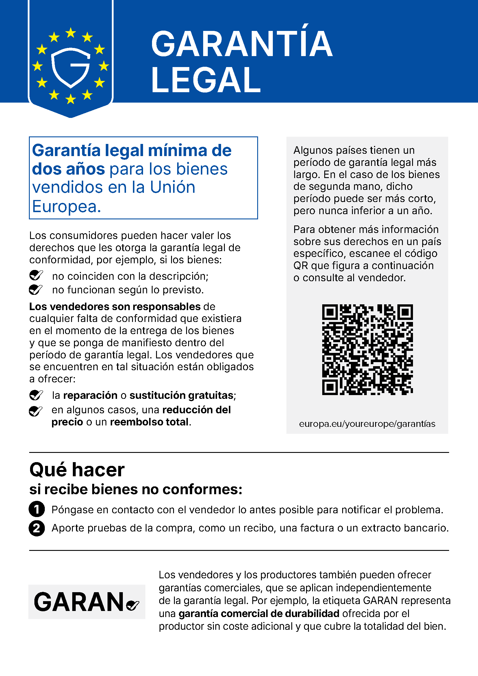Aviso armonizado de la UE sobre la garantía legal de conformidad: garantía legal mínima de 2 años